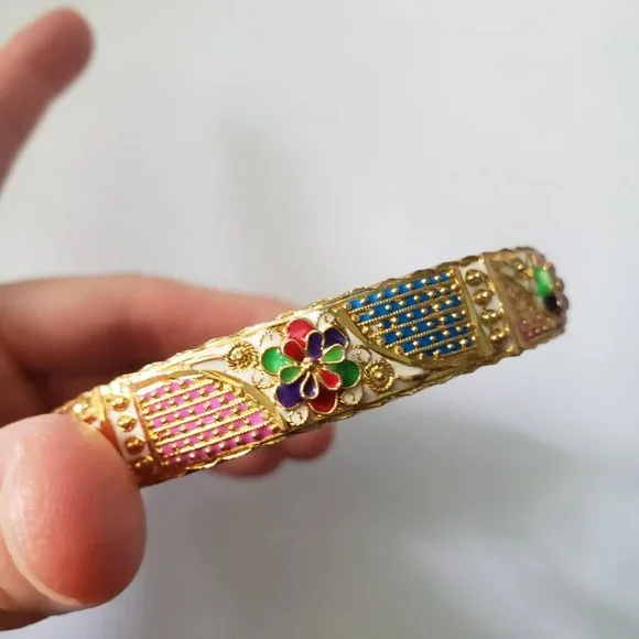 VTG Colourful Floral Gold Toned Bangle Bracelet - Picture 5 of 8